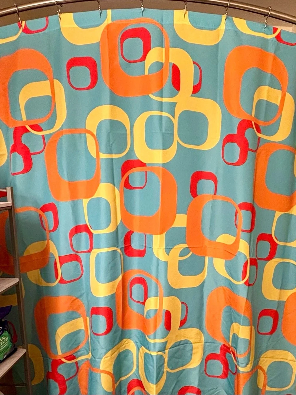 Retro Geometric Shower Curtain — Teal, Orange & Yellow